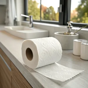 A toilet roll with embossed patterns on a bathroom countertop near a sink and soap dispenser, with a window view of greenery.