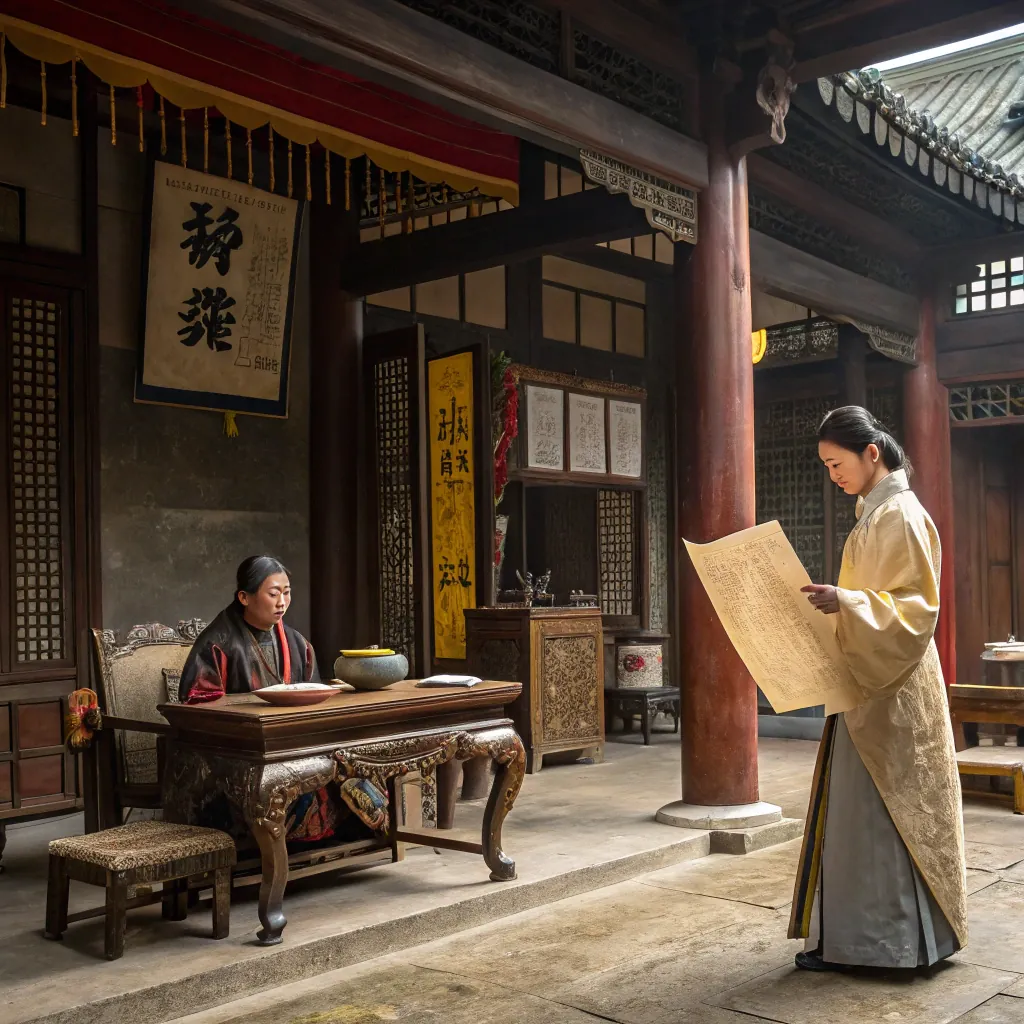 Two individuals in traditional Asian attire in a historical courtyard, one reading a scroll, surrounded by ornate furniture and calligraphy.