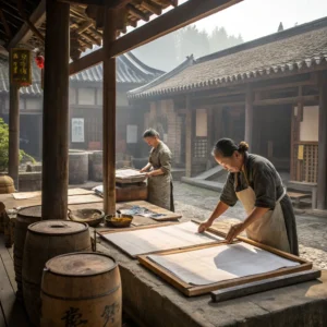 Two individuals engaged in traditional paper making process on a wooden table, with traditional architecture in the background.
