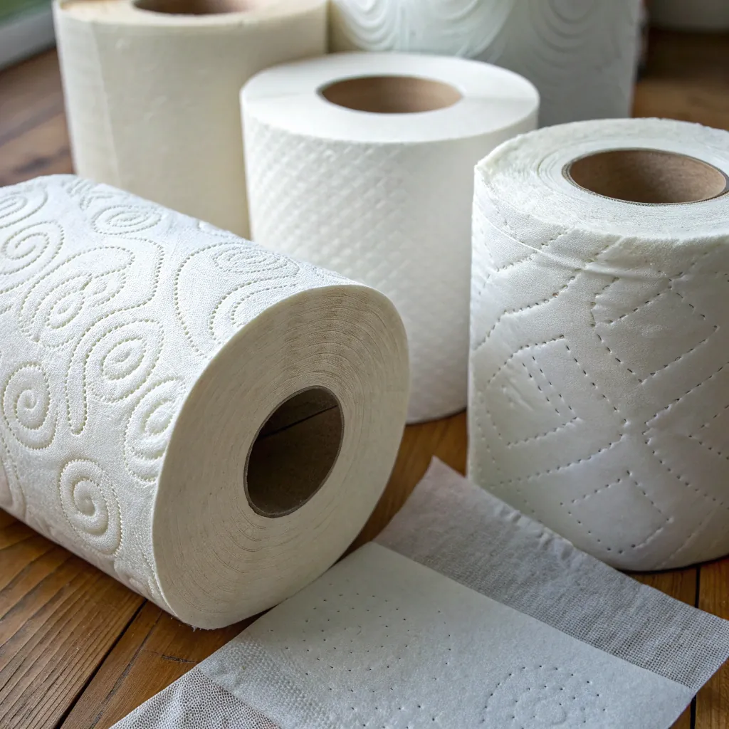 Various toilet paper rolls with different embossed textures on a wooden surface.