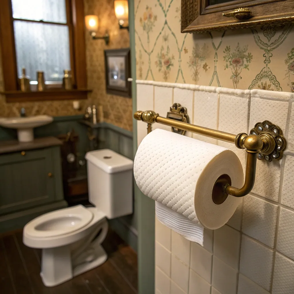 A vintage-style bathroom featuring a brass toilet paper holder with a roll, floral wallpaper, a porcelain toilet, and classic fixtures.