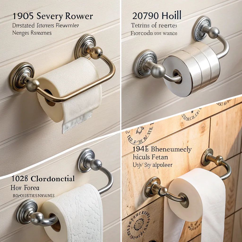 Set of four vintage-style toilet paper holders with rolls, displaying various metal finishes and historical labels.