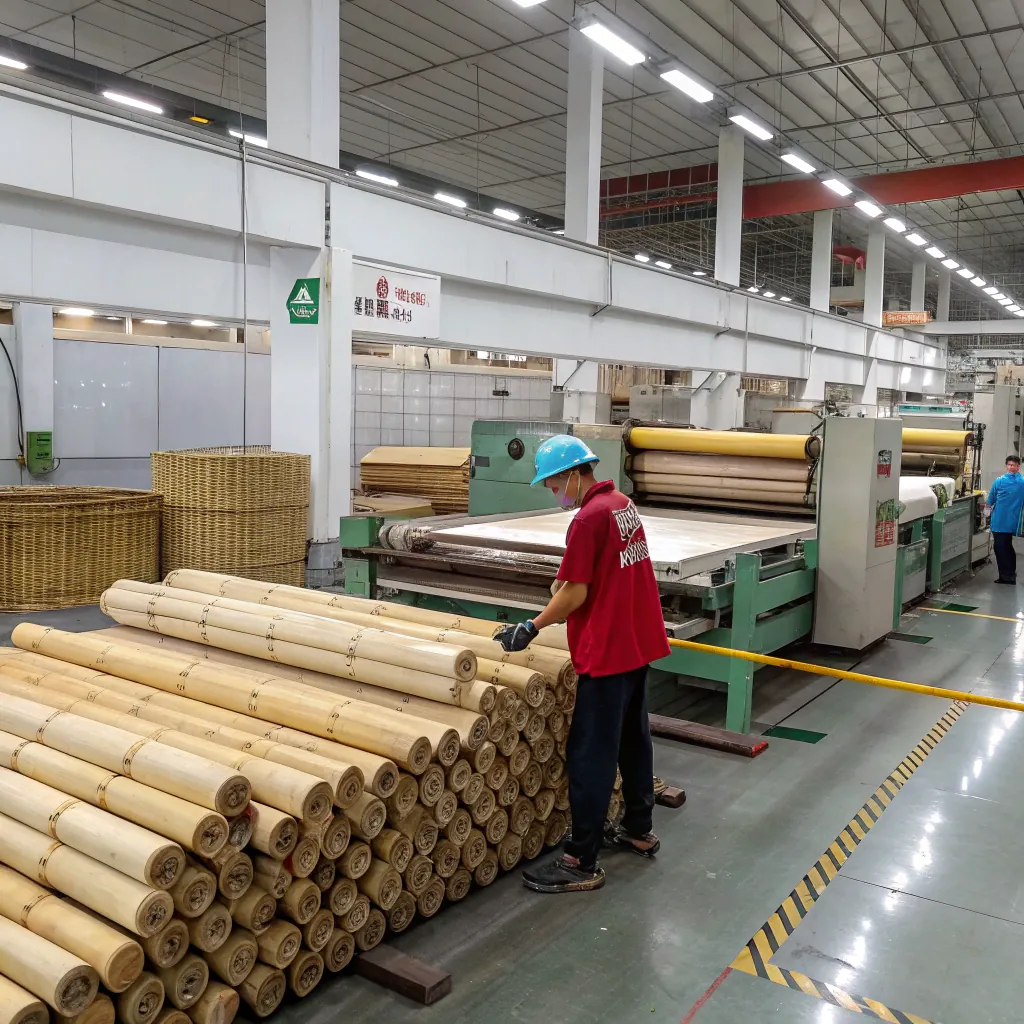 Worker in red shirt and blue helmet handling wooden rolls in a large factory with machinery and bamboo products.